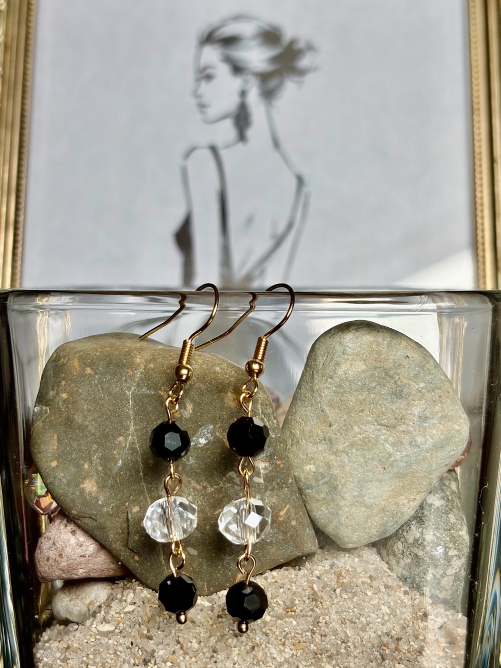 Elegant Gold Drop Earrings with Black and Clear Beads